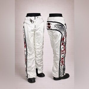 Women's White and Black Embroidered Pants